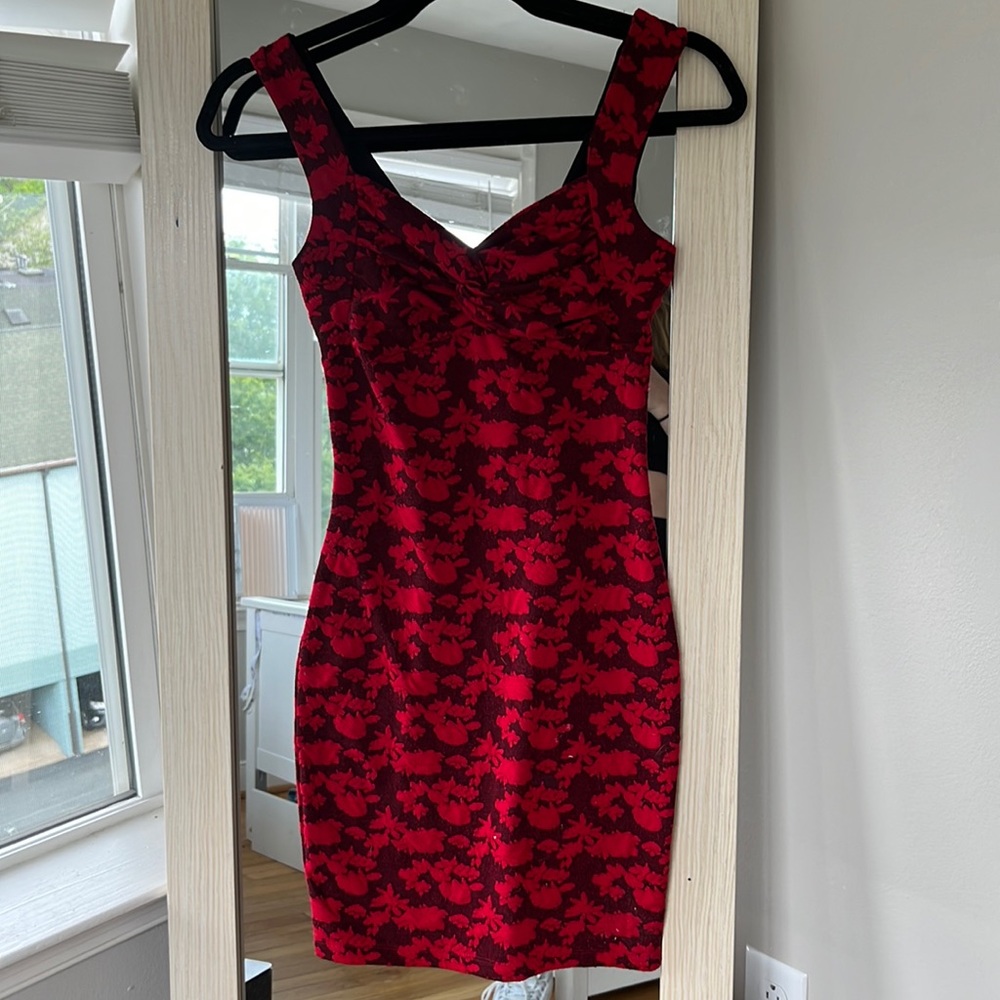 Red Mini Dress, Floral Lightweight Bodycon